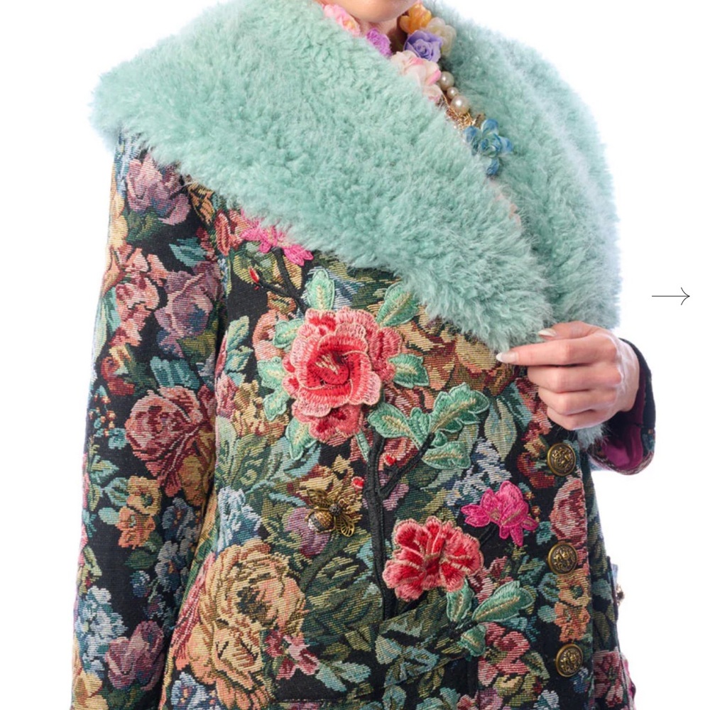 Floral Multicolor Faux Fur-Trim Coat - Blue Collar (Brand Aratta) - Picture 3 of 5